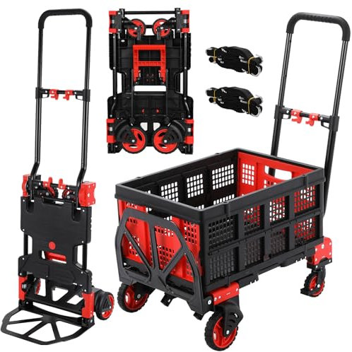 2-en-1 Carro y Carretilla Plegable, con Caja Abatible, 150 kg Capacidad, 3 Alturas Ajustables, Incluye 2 Correas de Sujeción, Ideal para Mudanzas, Supermercado y Acampada (Rojo)