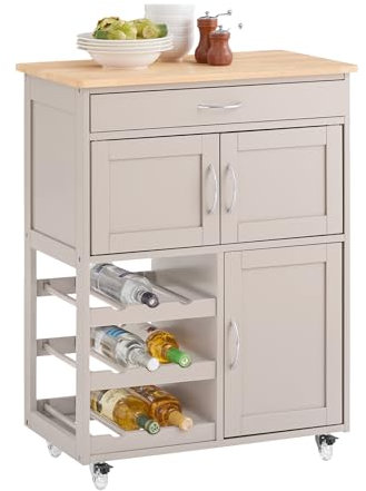 SoBuy Carrito Auxiliar de Cocina con Ruedas Mueble Cocina con Cajón Botellero y Estantes Carro Multifuncional como Mesa Auxiliar para Estantería Cocina Comedor y Exteriores Caqui 67x86x38cm FKW45-KA