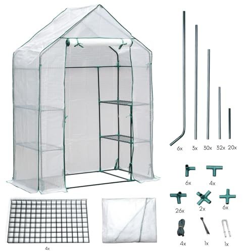 Hebitod Växthus, tomatväxthus med hyllor för växter, 143 x 73 x 195 cm, 135 g PE-presenning, väderbeständig, drivhus med dörr (vit), för trädgård eller balkong