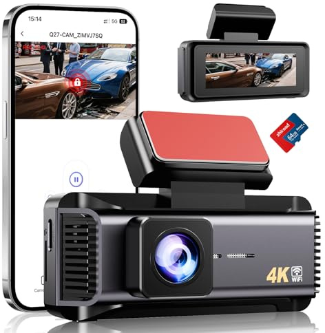 Dashcam, 4K WiFi Dash CAM Coche, Camara Coche con Pantalla IPS de 2.99, Camara Coche Grabadora con Tarjeta 64G, Super Visión, Gran 170°, Sensor G, App, Monitor de Aparcamiento, Grabación de Bucle