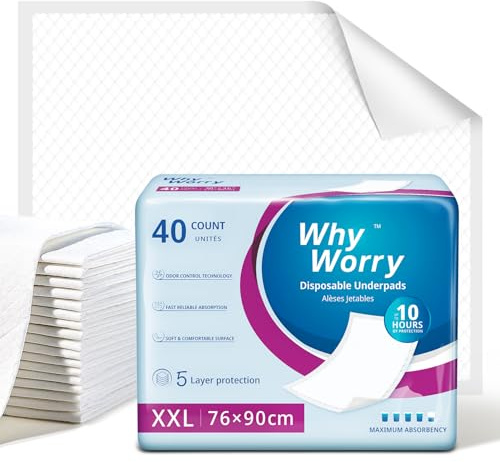WhyWorry Empapadores Cama Adultos 76x90 cm para Incontinencia, Salvacamas para Adultos Desechables, Protector de Camas, Sillas y Sofás, Cambiador Desechable Bebe, 80 Unidades (2 Paquetes de 40)