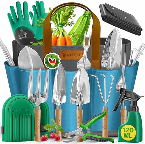 KESSER® Gartenwerkzeug Set 10-teilig mit ergonomischen Holzgriffen inkl. wasserdichte Tasche aus 600D Oxford-Material, Knieschoner, Pflanzmatte, Sprühflasche, Gartenschere, Handschuhe für Gartenarbeit