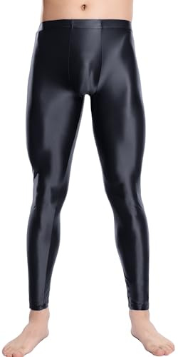 Maeau - Legging Brillant Homme Yoga Brillant Glossy Slim Collant Lisse Élastique Pantalon Clubwear L Noir