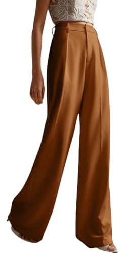 Pantalones Vestir Mujer Anchos Verano Pantalon Oficina Cintura Alta Pierna Recta Pantalones Negocios Casual Palazzo Ligeros y Cómodos,Caramelo,L