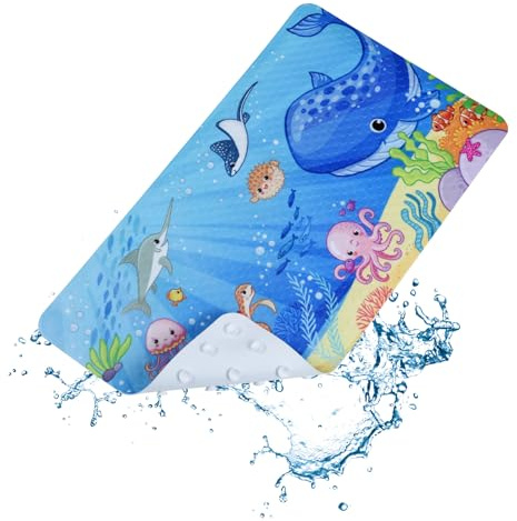 OTraki Tappetino Doccia Antiscivolo Bambini 40x70cm Tappetino Antiscivolo Vasca da Bagno con Ventose Tappeto da Bagno del Mondo Degli Animali Marini, Senza BPA e Lavabile in Lavatrice (Blu)