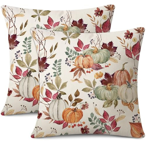 JOTOM Juego de 2 fundas de cojín decorativas para el hogar, diseño de casa de campo, modernas, para salón, jardín, decoración (45 x 45 cm, calabaza, hojas de arce, flores)
