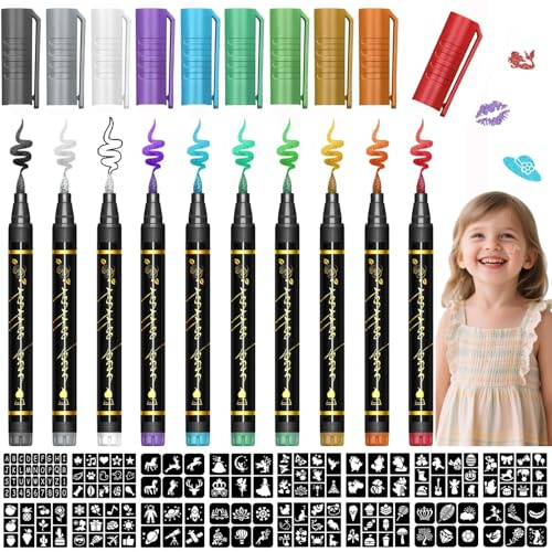 Rotuladores Tatuajes Temporales Niños, 12 Colores Rotuladores Purpurina Tatuajes Niños con 176 Patrón 16 Tatuaje Plantillas Kit Tatuaje Regalo para Niña Niño Fiesta Navidad Halloween Cumpleaños