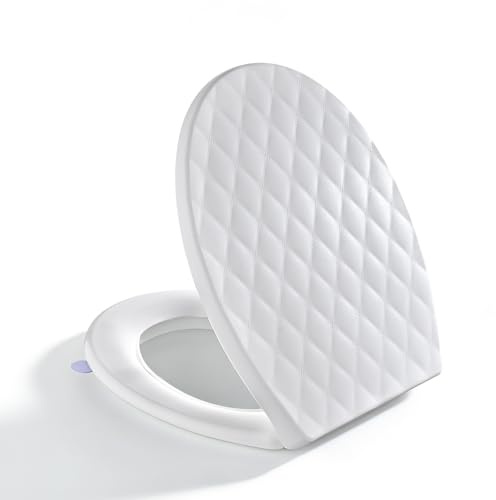 SREWOHS PRO Abattant WC en forme de O à fermeture amortie – Siège de toilette en polypropylène texturé en losange blanc avec poignée douce violette, fixations en acier inoxydable 304, libération