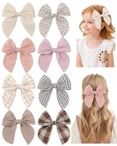 doboi 8PCS Baby Girls Hair Clips Fable Hair Bows Cotton Linen Bows for Girls Hair Accessories for Baby Girl Toddlers Kids-Grid