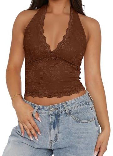 Women's Lace Halter Tank Top Deep V Neck Crop Backless Sleeveless Slim Fit Basic Going Out Tops Summer Tanks