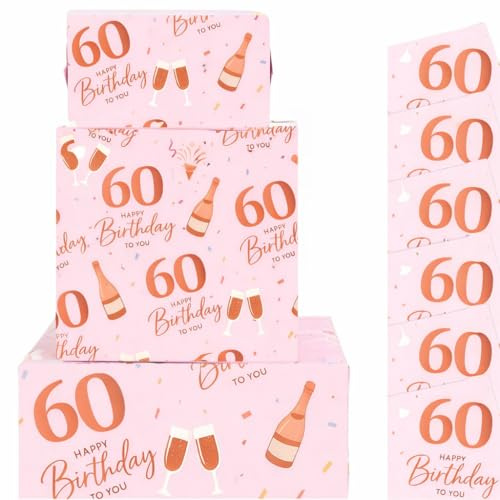 60. Födelsedagspresentpapper, 6 ark presentpappersark rosa set, 50 x 70 cm Happy Birthday-inslagningspapper, roligt presentpapper för flickor (60 st)
