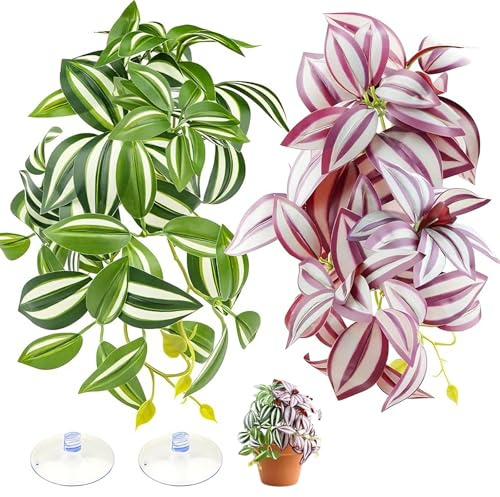 Wihozte 2Pcs Reptile Plants for Terrarium, vivarium decoration with Suction Cup, Reptile Hanging Plants, Artificial Plants for Bearded Dragons Lizards Snake Geckos Frogs - Red and Green