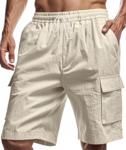 Husmeu Linen Shorts Men Pockets Loose Fit Drawstring Lightweight | Elastic Waistband, Bermuda Shorts, Men's Cargo Shorts,4Pockets