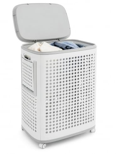 BLUE BAZAAR Laundry Basket with 360° Wheels and Lid 61x42.5cm Side Sorter | 61x42.5cm large capacity hamper, 360° lockable rolling wheels, removable lid, built-in side sorter, easy to move