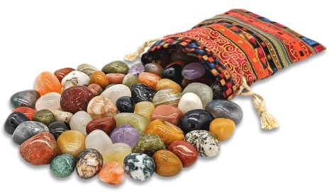 Edelstein-Set Colludo | Natürliche Trommelsteine in verschiedenen Größen | Praktisch im bunten Stoffbeutel | Ideal zur Dekoration, als Heilsteine & Handschmeichler, Spiele uvm. (L (2,5-3,5 cm))