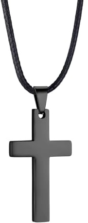 PROSTEEL Cross Necklace Mens, Black Cross Pendant with Leather Necklace Waterproof Wax Rope Chain 24 Inches -Send Gift Box