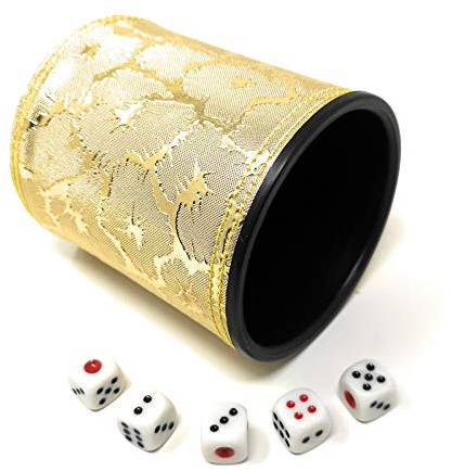 Thy Collectibles Dice Cup with 5 Dices, PU Leather Professional Dice Shaker Cup Set for Yahtzee/Craps/Backgammon or Other Dice Games Golden