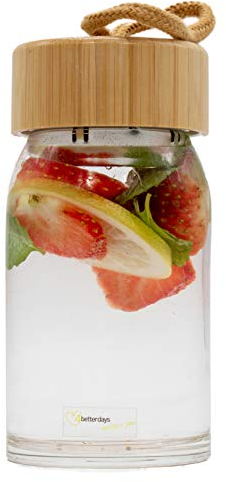4betterdays Nachhaltige Trink Flasche aus Glas mit Bambus Deckel 300ml für Getränke to go (Cocktails, Tee, Fruchtsäfte, Smoothies, Wasser) inkl. Deckel mit Schlaufe und Metalsieb