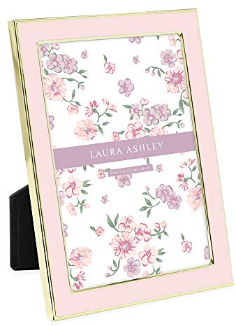 Laura Ashley 5x7 Pink Enamel Picture Frame, Gold Metal Edge with Easel, for Countertop, Counterspace, Tabletop Display, Bookshelf, Desk, Wall Décor, Photo Gallery