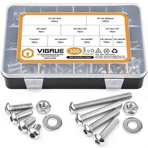 VIGRUE 300pcs 1/4-20 Hex Button Head Cap Screw, 304 Stainless Steel UNC Hexagon Bolts Flat Washers Nuts Assortment Kit Machine Screws Set, 8 Sizes (Length from 3/8 to 2)