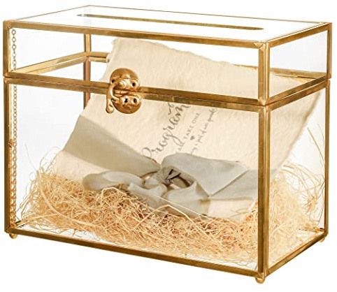 NCYP Small 9.8 x 5.6 x 7.7 Inch Wedding Glass Cards Box with Slot - Gold Envelope Card Holder for Birthday Party Reception, Home Indoor Decor - Slot Length 7.1 Inches (No Lock)