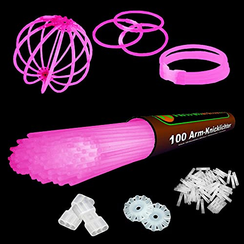 NEON FUN 100 Arm Knicklichter | PINK | Geprüfte Qualität | Testurteil 1,4 sehr gut | 8h | 100 hoch elastische Verbinder | 2 Dreifach Connectoren | 2 Kreisverbinder, Menge:1 Rolle