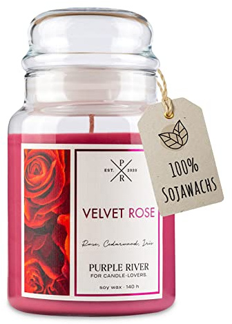 Purple River Große Duftkerze im Glas mit Deckel | Velvet Rose | Duftkerze Rose | Kerzen lange Brenndauer | Sojawachskerze | Raumduft für Zuhause