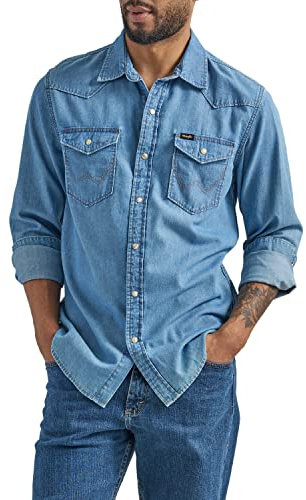 Wrangler Herren Iconic Denim Regular Fit Snap Shirt Hemd mit Button-Down-Kragen, Lake Wash, XX-Large