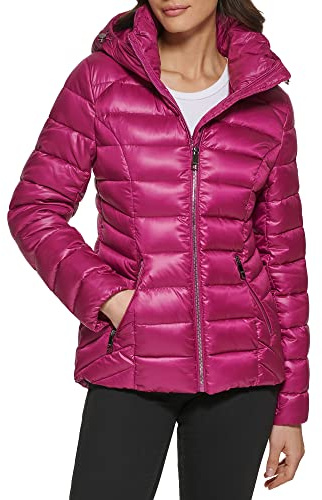 GUESS Womens Mid-weight Hooded Transitional Jacket, Magenta, Large US