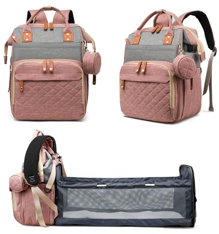 Fexkean Zaino Multifunzionale Per il Cambio del Pannolino, Grande Capacità Zaino Unisex Impermeabile per Borsa da Viaggio Portatile con Letto Pieghevole(3037-Rosa&Grigio)