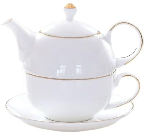YBK Tech - Juego de té de cerámica para un juego, tetera de 12 onzas y taza de 8.2 onzas con platillo (blanco)