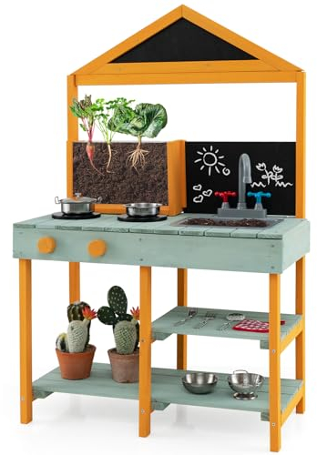 GOPLUS Cuisine Extérieur en Bois pour Enfant, Jouet de Cuisine avec 2 Tableaux Noirs, Jardinière Transparente, Robinet Rotatif, Evier Amovible, 2 Etagères Inférieures, Accessoires Riches (Vert)