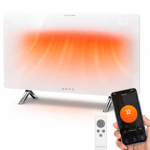 BERG Ultra-Slim Glass Infrared Panel Heater – Smart Electric Heater with Wi-Fi & Remote Control, 12mm Frameless Design, Wall Mounted or Free-Standing, Energy Efficient Room Heating (White, 600W)