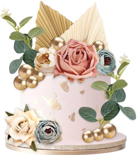 SPOKKI 24 Pack Cake Decorations, Birthday Cake Toppers with Artificial Flower Leaves Palm Fan Cake Decorations, Mini Gold Balloon Cake Topper for DIY Birthday Party Wedding