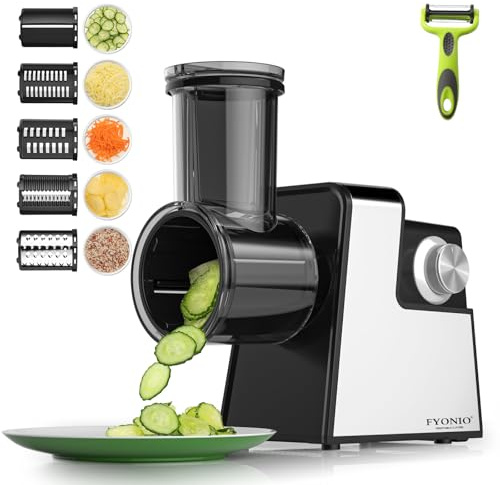 FYONIO Electric Cheese Grater, 5 in 1 Salad Maker with Stainless Steel Blades, 250W Electric Food Slicer & Shredder, Electric Salad Machine for Cheeses, Fruits, Potatoes, Carrots