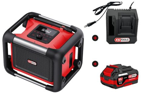 KS TOOLS - 100172F-A1 - Enceinte bluetooth puissante - alimentation secteur ou avec batterie lithium-ion - radio de chantier - Chargeur simple et batterie 4 A inclus