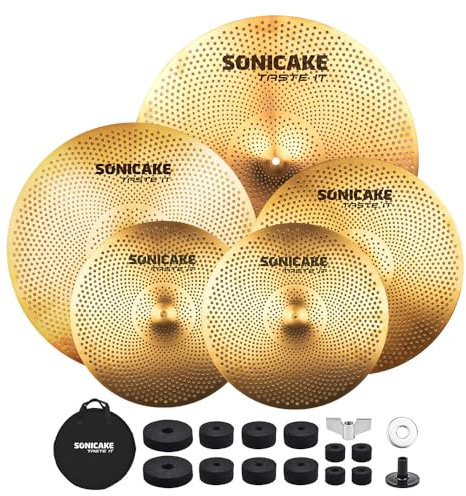 SONICAKE Cymbal Set mit geringer Lautstärke 14 HiHat+16 Crash+18 Crash+20 Ride Beckenset Golden 5 Stücke mit Beckentasche und Zubehör