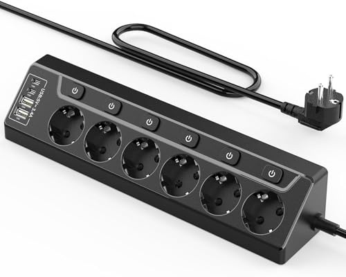 Inhwatek Eck Steckdosenleiste Überspannungsschutz mit USB C, 6 Fach Tischsteckdose Mehrfachsteckdose mit 2M Kabel (4000W,16A), Verteilersteckdose für Küchemit Heim Büro