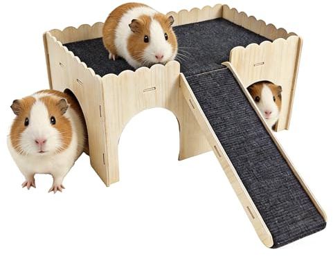 OENBATOM Wooden Guinea Pig House with Ramp & Castle Design – 4 Entrances Small Animal Hideout, Detachable Stair & Soft Cushion for Hamsters, Hedgehogs, Rats, 38x25x18cm – Fun Hiding & Playing Space