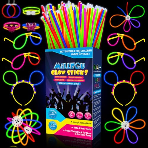 Millegu Bracelets Fluorescents Lumineux, 230 Party Pack 100 Bâtons Fluo & 130 Connecteurs Faire des Lunettes Colliers Balles Boules pour Enfants Adultes, Décorations de Noël Cotillons Nouvel an 2026