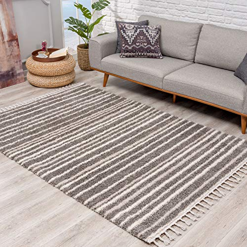 Teppich Hochflor Wohnzimmer - Ethno Stil 140x200 cm Grau Creme - Teppiche mit Fransen
