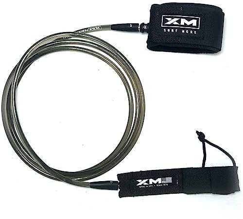 XM SURF MORE Premium Surfboard Leash, 7ft, Made in USA, Big Wave Cord Thickness (0.313in), Key Pocket, Unbreakable Swivels, Detachable Railsaver, Smoke Leash, Black Strap, Kink-Free [3 Year Warranty]