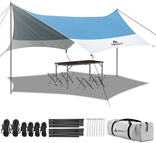 Forceatt 3.7 x 4.3m Toldo de Refugio con 2 Postes, Toldo Impermeable Anti-UV para Acampar en el Automóvil (UPF50+), Tarp Usar con Tienda y la Hamaca en Caminatas, Mochileros, Jardines y Viajes
