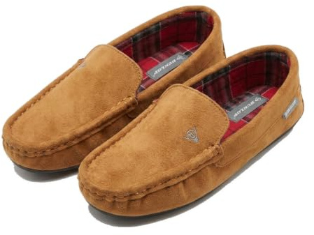 DUNLOP Mens Boris Moccasin Slippers Tartan Lining Tan size 11 UK
