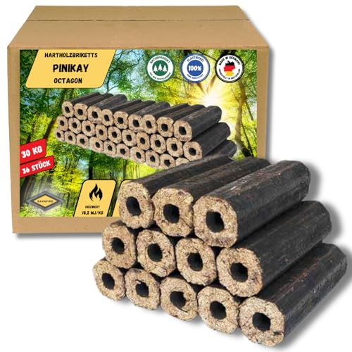 BAVAFIRE 30kg Pinikay Hartholzbriketts - Premium Octagon Buche Holzbriketts - 3x10 kg Gebinde - nachhaltiges und ressourcenschonendes Heizen in Kamin & Ofen ohne Bindemittel