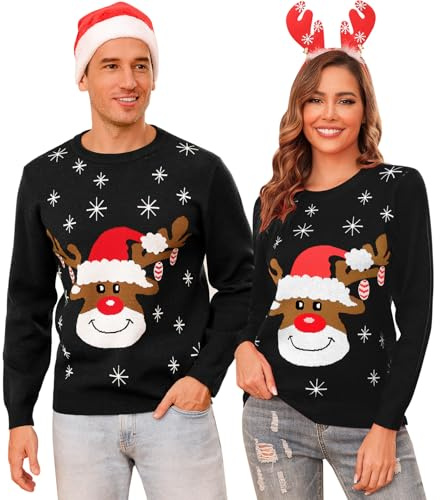 Aottori Maglione Natalizio Donna Maglione di Natale Famiglia Girocollo Maglione a Maglia Christmas Inverno Renna Unisex Nero M