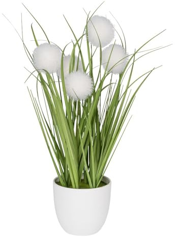 Ideen mit Herz Hierba decorativa con botón | Hierba esférica | Planta artificial con maceta | 30 cm de alto (flores blancas)
