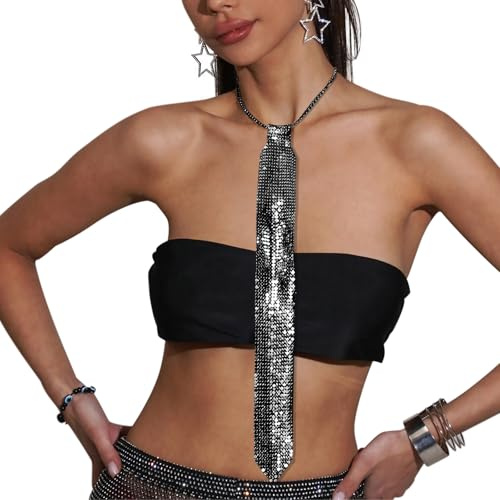 YJZQ Cravate Paillettes Brillants Femme 40CM Cravate Strass Élégante décor de Collier pour Fête Musicale Soirées Costumées Carnaval Disco Banquet Noir
