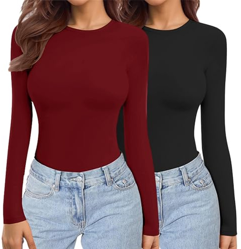 Ekouaer Dam 2-pack långärmade toppar termiska skjortor XS-XXL, Svart rött