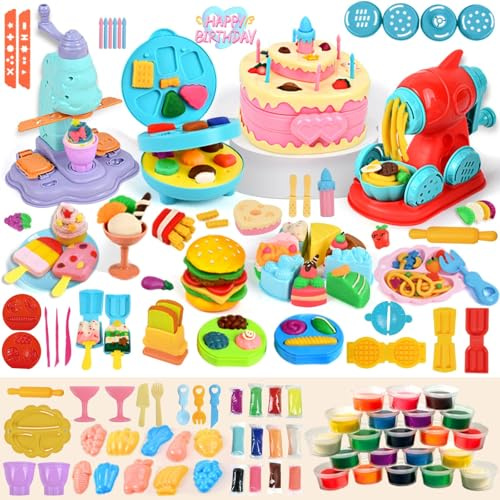 Britik Play Color Dough Set Toys for Kids 3-8 Year Old Playdough Set | 4 in 1 Play Dough Accessories with Tools and Cutters, Toy Shop Gifts for 3 4 5 6 7 8 Year Old Kid, Art Crafts Food Maker Toy